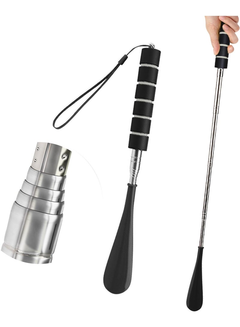 لبيسة حذاء بمقبض طويل تلسكوبي، لبيسة حذاء من الألومنيوم قابلة للسحب والتعديل، أداة مساعدة في ارتداء الأحذية لكبار السن والحوامل والمعاقين (أسود) - Image 1