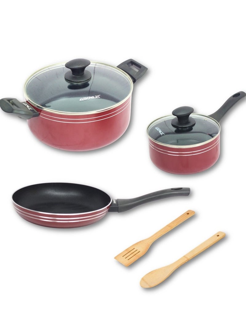 Auroware 7 Pcs Non stick Cookware set 1 x casserole with 1 lid 1 x sauce pan with 1 lid, 1 Frying pan, 2 Kitchen tools PFOA Free Induction bottom - Image 1