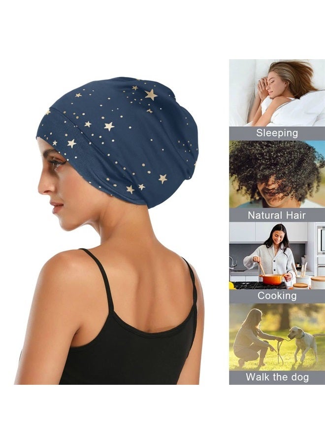 ElliTarr Satin Bonnet Lined Sleep Cap Hair Wrap Cover Slouchy Beanie for Curly Hair Protection for Gifts for Men Women Dark Blue Stars - Image 1