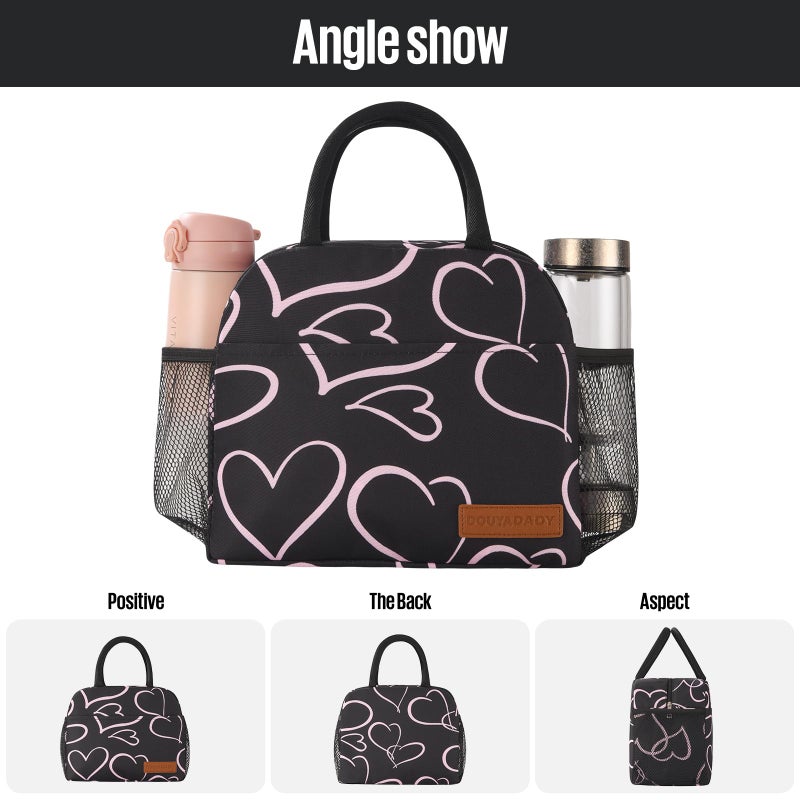 douyadady Lunch Bag Women/Men Lunch Box Women/Men (black+pink heart) - Image 5