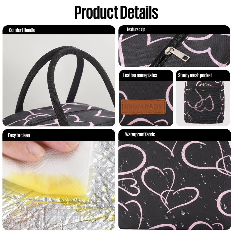 douyadady Lunch Bag Women/Men Lunch Box Women/Men (black+pink heart) - Image 4