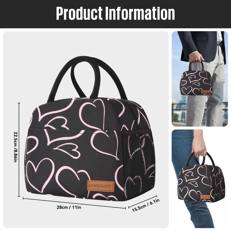 douyadady Lunch Bag Women/Men Lunch Box Women/Men (black+pink heart) - Image 2