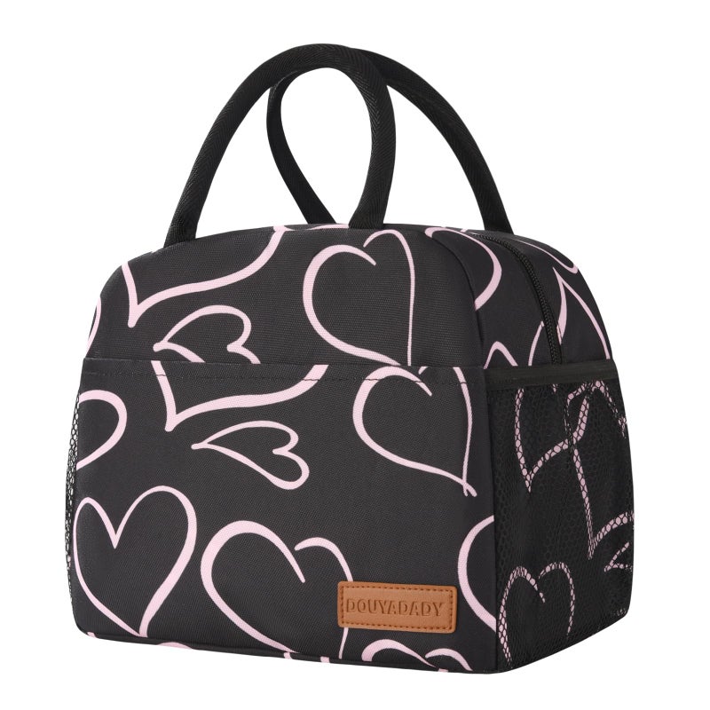 douyadady Lunch Bag Women/Men Lunch Box Women/Men (black+pink heart) - Image 1