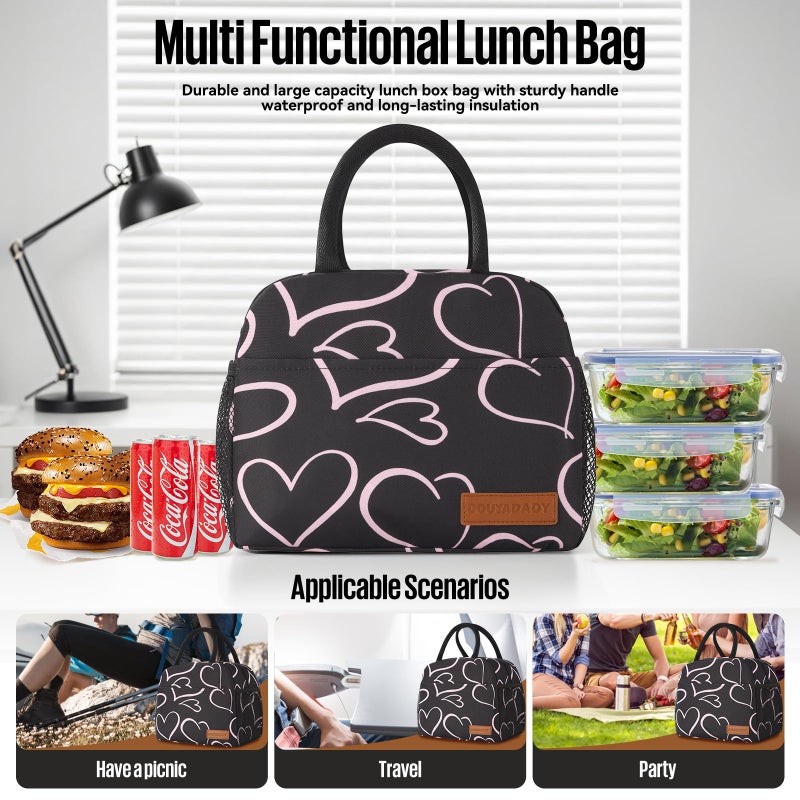 douyadady Lunch Bag Women/Men Lunch Box Women/Men (black+pink heart) - Image 3