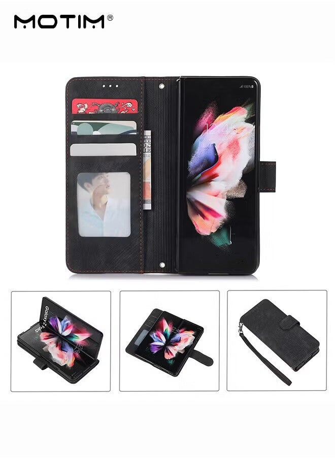 Samsung Galaxy Z Fold 6 Wallet Case with Card Holder, Flip Screen Protector Shockproof Cover Case with Pen Slot and Hand Strap, Protective Kickstand