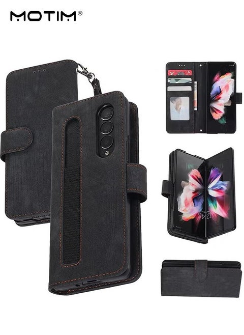 Samsung Galaxy Z Fold 6 Wallet Case with Card Holder, Flip Screen Protector Shockproof Cover Case with Pen Slot and Hand Strap, Protective Kickstand