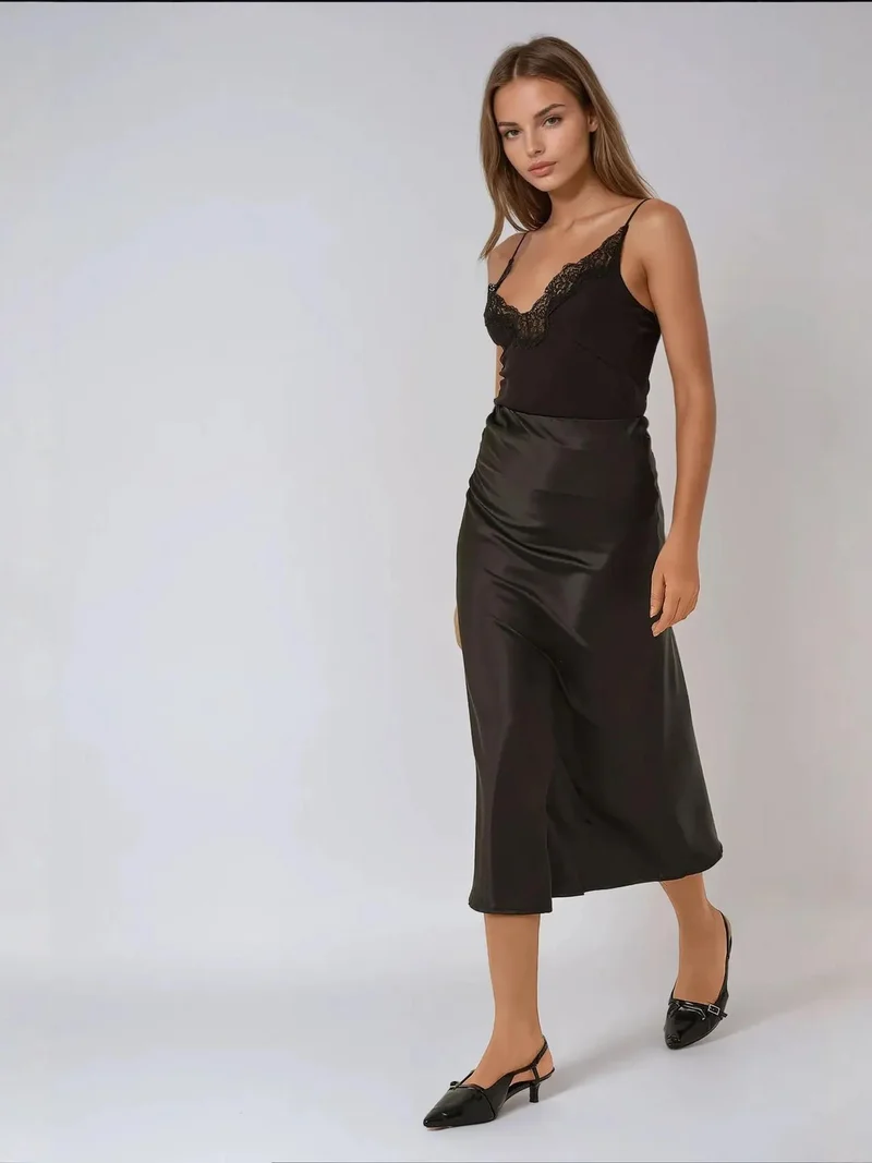 HICCUP High-Waist Satin Midi Skirt