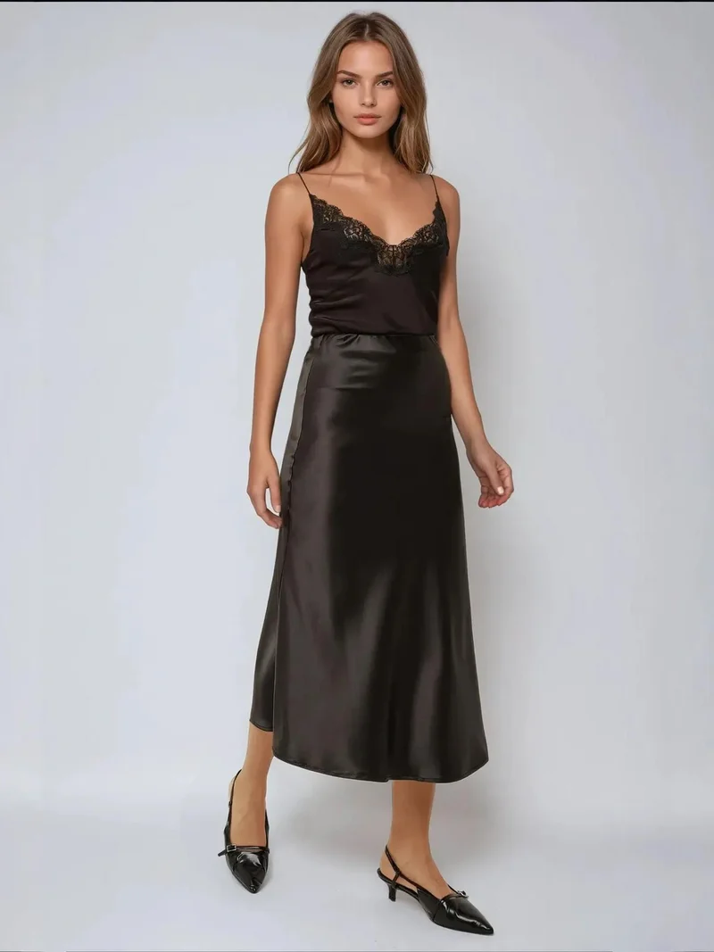 HICCUP High-Waist Satin Midi Skirt