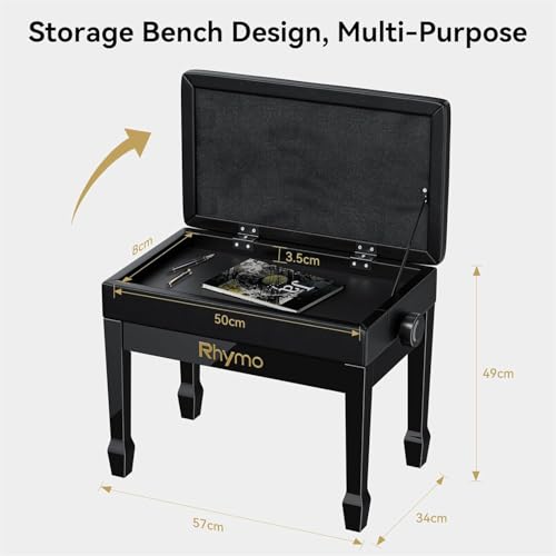 Rhymo Adjustable Duet Piano Bench with Sheet Music Storage, Solid Wooden Keyboard Bench Piano Bookcase Stool Chair Seat with High-Density Sponges Cushion - Image 2