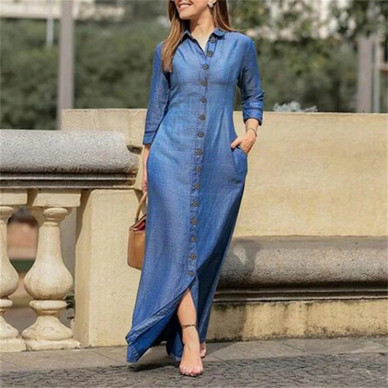 2026 New Long Dress with Shirt Collar, Pocket, and A-Line Skirt - Plus Size Casual Denim Dress - Image 4