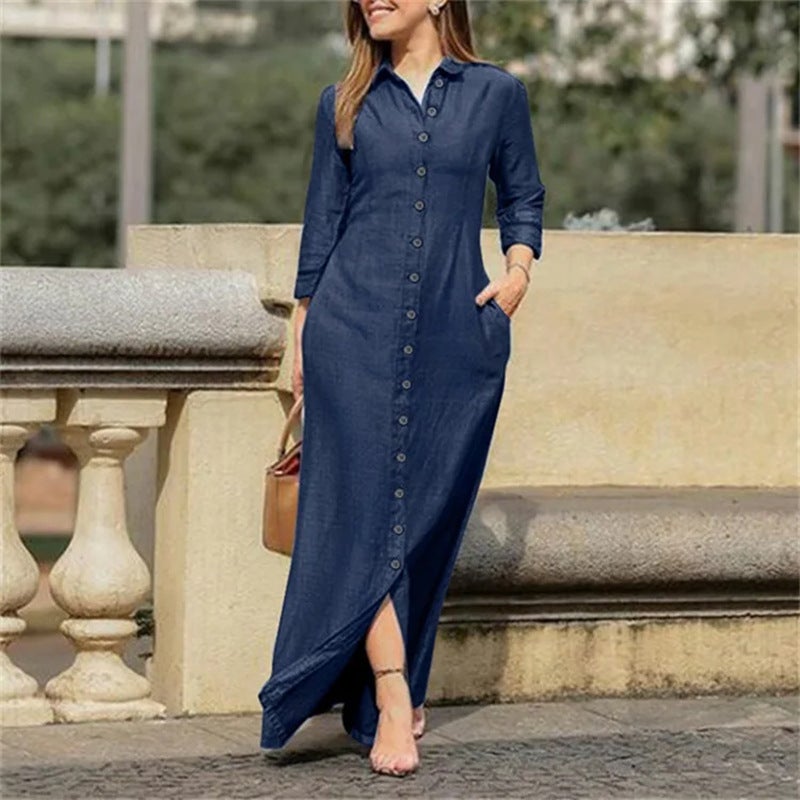 2026 New Long Dress with Shirt Collar, Pocket, and A-Line Skirt - Plus Size Casual Denim Dress - Image 1