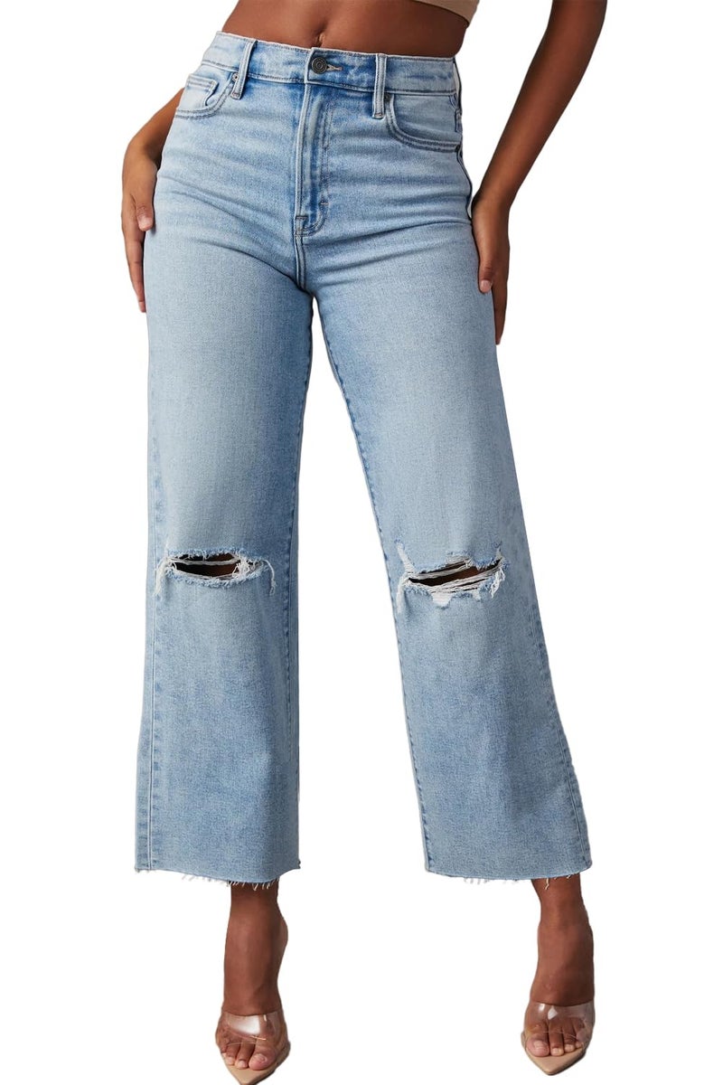 Allimy Women's High Rise Capris for Women Wide Leg Crop Jeans Baggy Y2K Clothing Light Wash Denim Blue Size 6 - Image 4