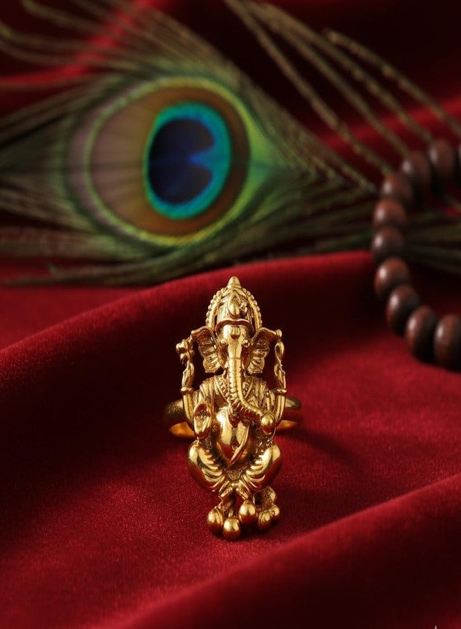 JFL - Jewellery for Less One Gram Gold Plated Ethnic Traditional Lord Ganesha Adjustable Finger Ring for Women and Girls.(Gold Ghungru) - Image 2
