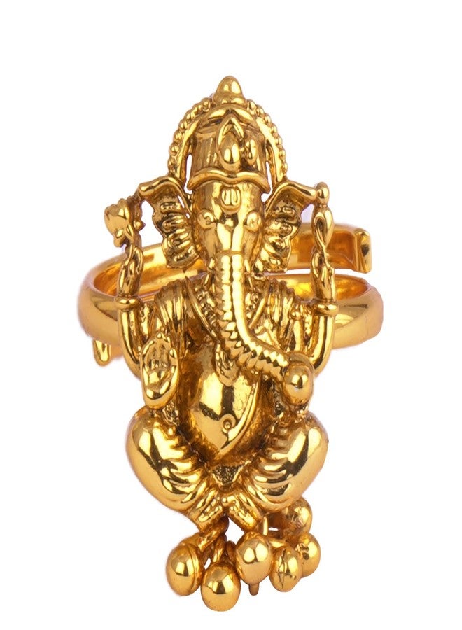 JFL - Jewellery for Less One Gram Gold Plated Ethnic Traditional Lord Ganesha Adjustable Finger Ring for Women and Girls.(Gold Ghungru) - Image 1