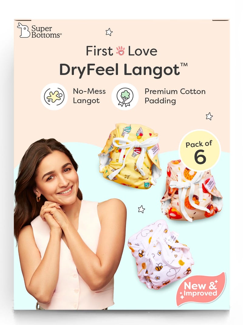 SuperBottoms DryFeel Baby Langot 0-6 months l Organic Cotton Modern Baby Nappy l Mess-free Langot with Gentle Elastics l Super DryFeel Top Layer l Diaper-free Time Essential | 6 Pack - Image 1