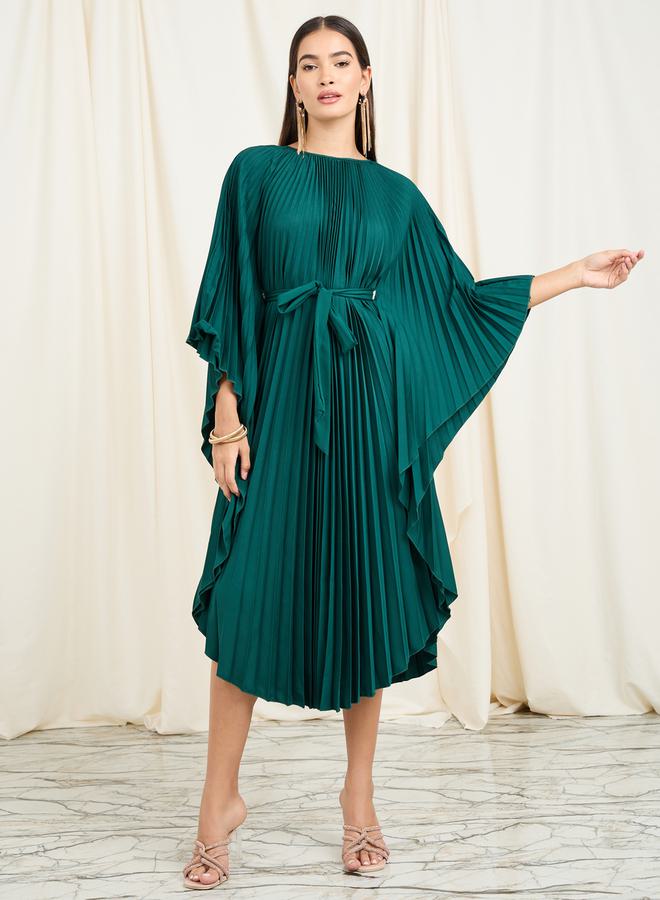 Styli Accordion Pleats Handkerchief Hem Midi Dress with Self Tie Up - Image 1