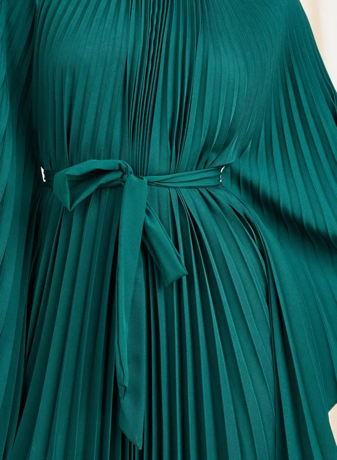 Styli Accordion Pleats Handkerchief Hem Midi Dress with Self Tie Up