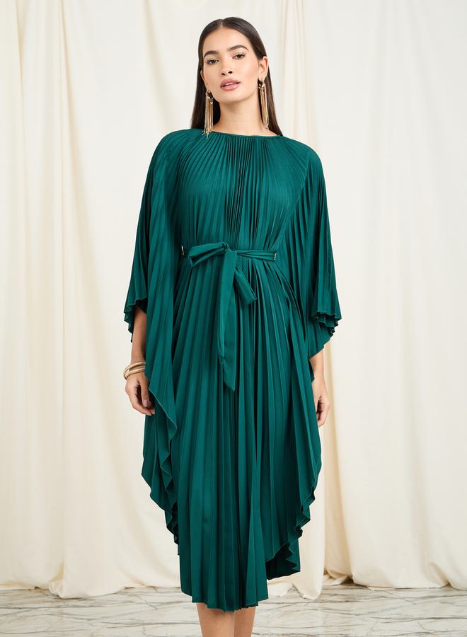 Styli Accordion Pleats Handkerchief Hem Midi Dress with Self Tie Up - Image 2
