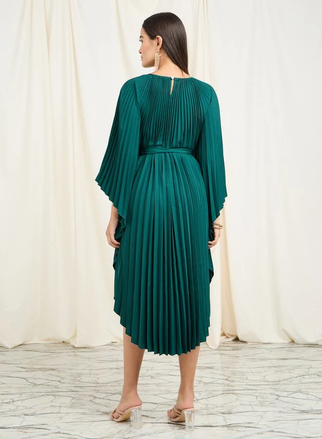 Styli Accordion Pleats Handkerchief Hem Midi Dress with Self Tie Up