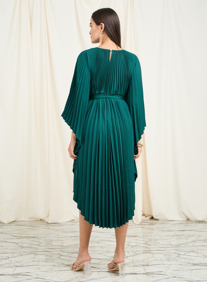 Styli Accordion Pleats Handkerchief Hem Midi Dress with Self Tie Up - Image 4
