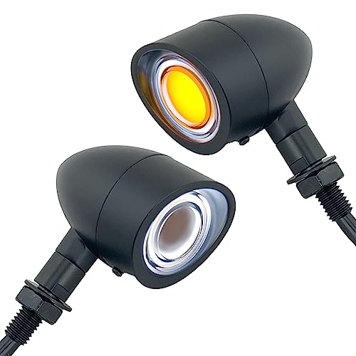 FATECIM 2X Motorcycle LED Front Turn Signals Running Driving Light Visor Heavy Duty Motorbike White Amber Light Blinker Indicator for Bobber Harley Honda Yamaha Suzuki Kawasaki Cruiser Chopper Black