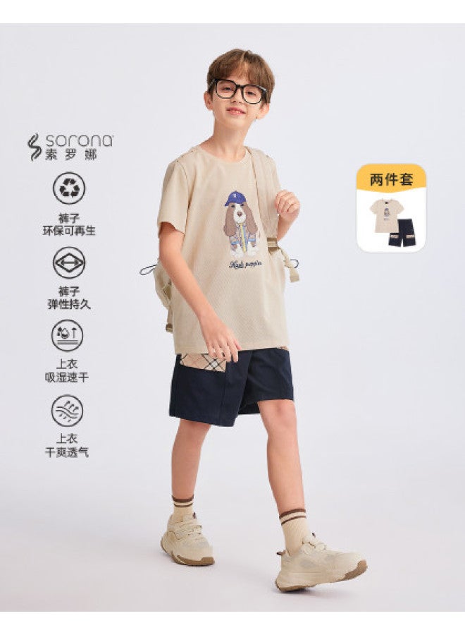 Hush Puppies Boys' Summer 2025 New Arrival Set Short Sleeve T-shirt + Shorts Two-piece Running Outfit - Image 1