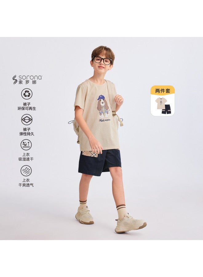 Hush Puppies Boys' Summer 2025 New Arrival Set Short Sleeve T-shirt + Shorts Two-piece Running Outfit - Image 2