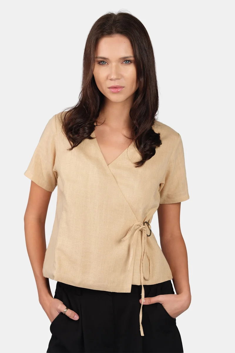 Virgio Solid Linen V-Neck Wrap Top With Tie-Up Detail for Women