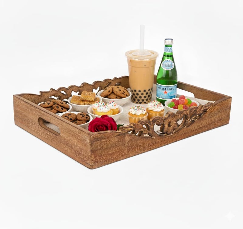 Mela Artisans Orchid Design Wooden Decorative Tray with Handles | 16x12x2.5 Mango Wood Ottoman Tray | for Kitchen Countertop | Coffee Table | Snacks | Desserts | Breads | Bedroom Decor - Image 1