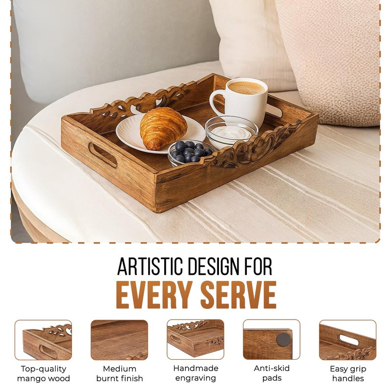 Mela Artisans Orchid Design Wooden Decorative Tray with Handles | 16x12x2.5 Mango Wood Ottoman Tray | for Kitchen Countertop | Coffee Table | Snacks | Desserts | Breads | Bedroom Decor - Image 3