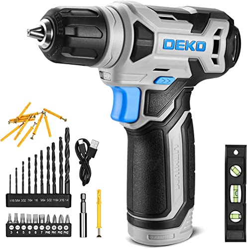 DEKOPRO ديكوبرو 8 فولت مثقاب لاسلكي، مجموعة مثاقب مع فكي بدون مفتاح 3/8"، ضوء LED مدمج، كابل شحن نوع-C، 42 قطعة ملحقات، مثقاب كهربائي للحفر وتثبيت/فك البراغي - Image 1