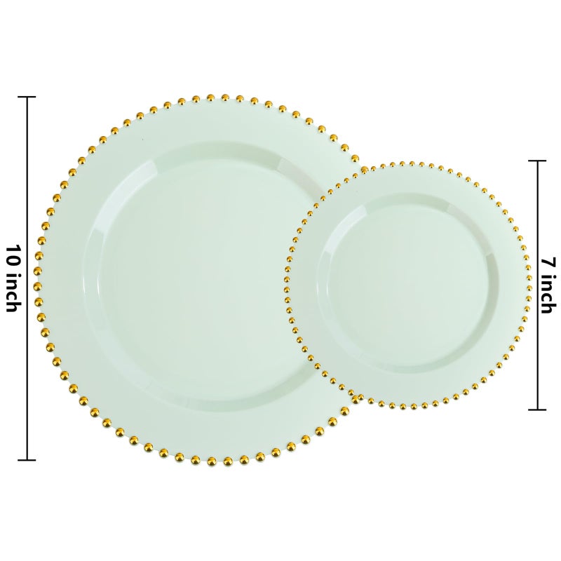 ejonirinjonir EI 60pcs Green Plastic Plates with Gold Rim,Disposable Heavy Duty Sage Green and Gold 10" Dinner & 7" Dessert Plastic Plate for Birthday,Afternoon Tea,Wedding,Spring,Valentine's Day,Easter - Image 2