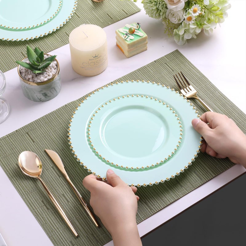 ejonirinjonir EI 60pcs Green Plastic Plates with Gold Rim,Disposable Heavy Duty Sage Green and Gold 10" Dinner & 7" Dessert Plastic Plate for Birthday,Afternoon Tea,Wedding,Spring,Valentine's Day,Easter - Image 5