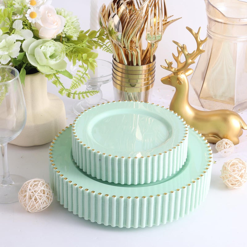 ejonirinjonir EI 60pcs Green Plastic Plates with Gold Rim,Disposable Heavy Duty Sage Green and Gold 10" Dinner & 7" Dessert Plastic Plate for Birthday,Afternoon Tea,Wedding,Spring,Valentine's Day,Easter - Image 4
