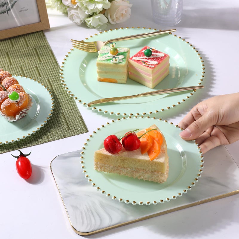 ejonirinjonir EI 60pcs Green Plastic Plates with Gold Rim,Disposable Heavy Duty Sage Green and Gold 10" Dinner & 7" Dessert Plastic Plate for Birthday,Afternoon Tea,Wedding,Spring,Valentine's Day,Easter - Image 3