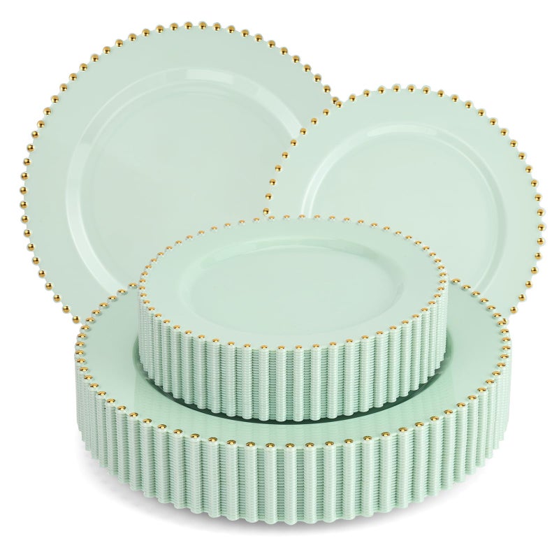 ejonirinjonir EI 60pcs Green Plastic Plates with Gold Rim,Disposable Heavy Duty Sage Green and Gold 10" Dinner & 7" Dessert Plastic Plate for Birthday,Afternoon Tea,Wedding,Spring,Valentine's Day,Easter - Image 1