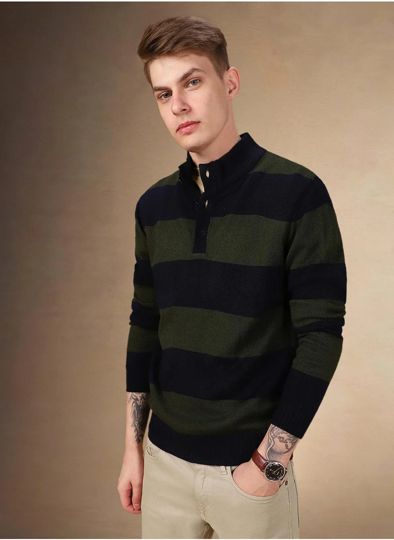 دينيس لينغو Men's Olive 100% Acrylic Striped Regular Fit Sweater