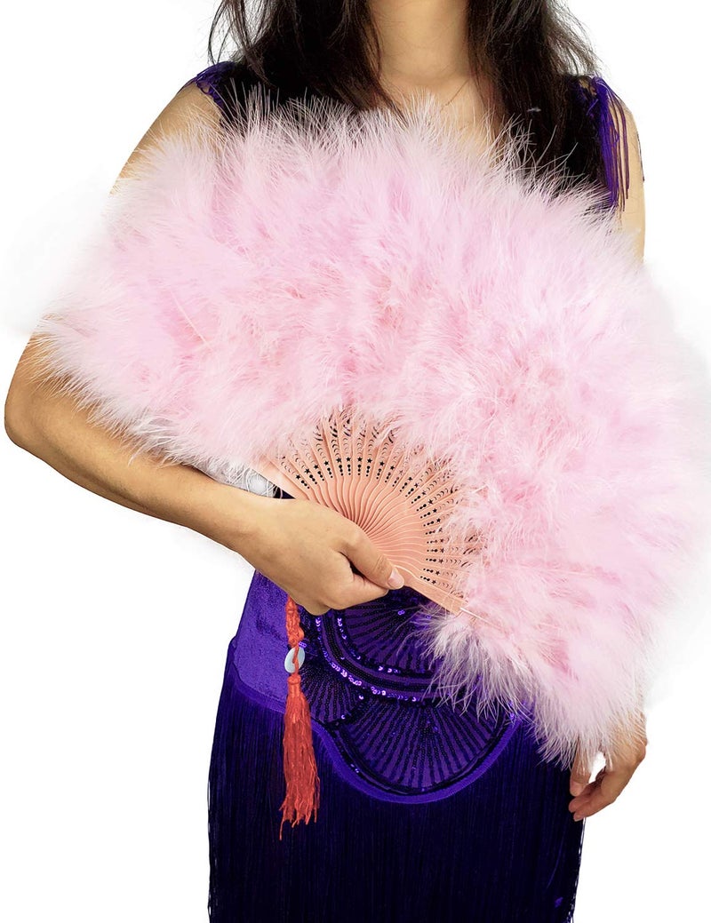 Happy Feather Handheld Marabou Feather Fan 1920s Vintage Style Flapper Hand Fan for Costume Party and DancingLight Pink