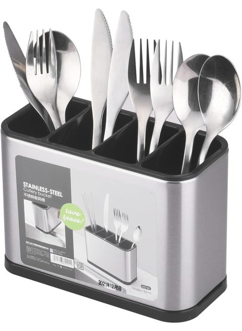 Kitchen Utensil Holder, Stainless Steel Flatware Organizer for Countertop, 4 Divided Utensil Caddy Counter for Spoon, Fork, Spatula (Large)