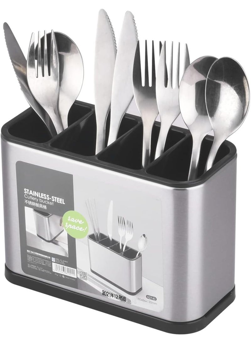 Kitchen Utensil Holder, Stainless Steel Flatware Organizer for Countertop, 4 Divided Utensil Caddy Counter for Spoon, Fork, Spatula (Large) - Image 1