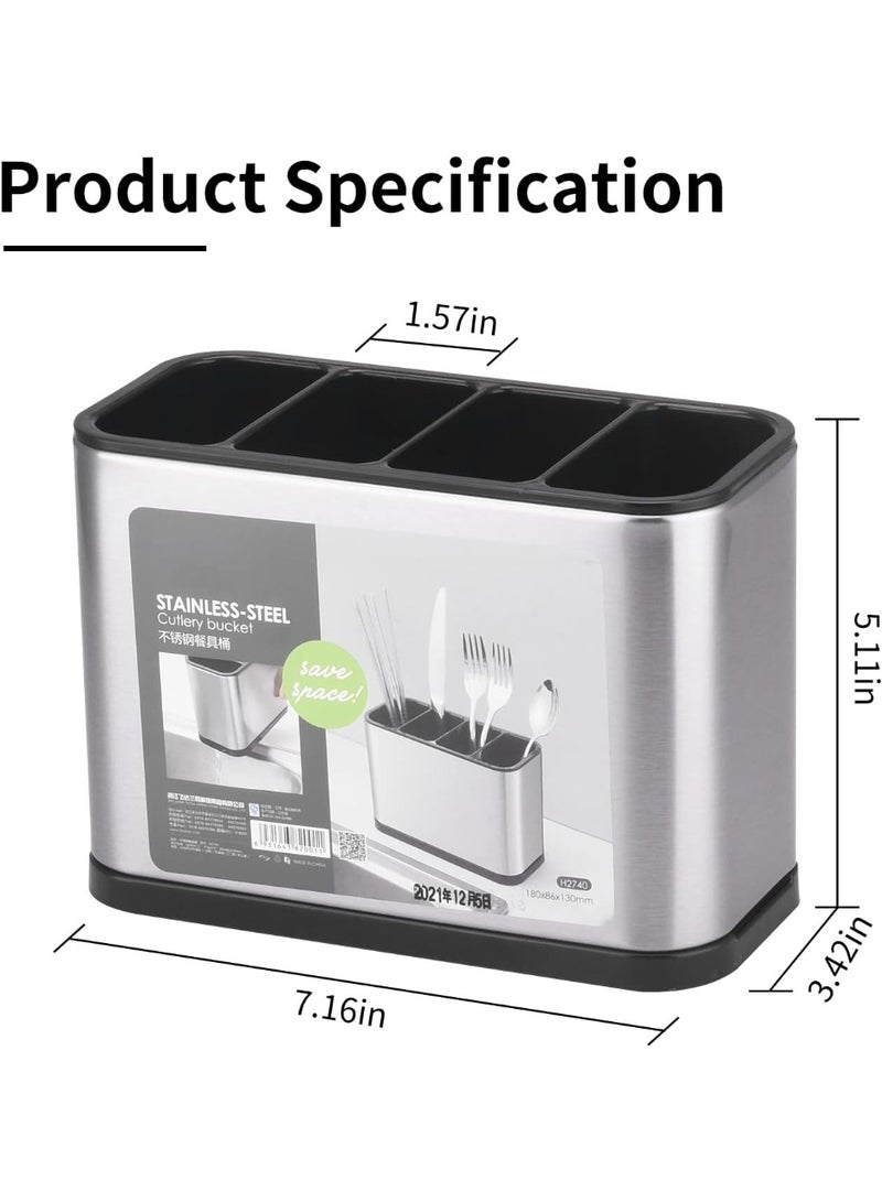 Kitchen Utensil Holder, Stainless Steel Flatware Organizer for Countertop, 4 Divided Utensil Caddy Counter for Spoon, Fork, Spatula (Large) - Image 2