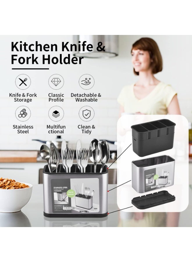 Kitchen Utensil Holder, Stainless Steel Flatware Organizer for Countertop, 4 Divided Utensil Caddy Counter for Spoon, Fork, Spatula (Large) - Image 3