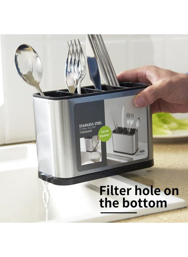 Kitchen Utensil Holder, Stainless Steel Flatware Organizer for Countertop, 4 Divided Utensil Caddy Counter for Spoon, Fork, Spatula (Large) - Image 5