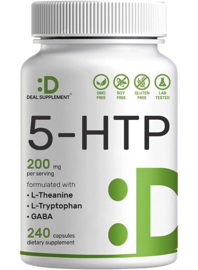 ملحق الصفقة 5-HTP 200 مجم لكل حصة ، 180 كبسولة ، 98٪ مستخلص بذور جريفونيا الأفريقية | 4 في 1 Formula Plus Active L-Theanine و L-Tryptophan & GABA ، دعم كامل للمزاج الإيجابي والاسترخاء - Image 1