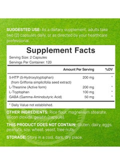 DEAL SUPPLEMENT 5Htp 200 Mg Plus Ltheanine 200 Mg Gaba And Ltryptophan 240 Capsules 98% High African Derived Griffonia Seed  - Image 2