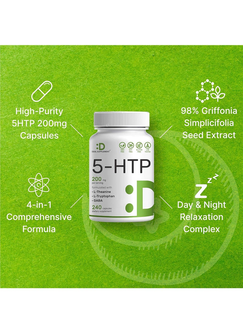 ملحق الصفقة 5-HTP 200 مجم لكل حصة ، 180 كبسولة ، 98٪ مستخلص بذور جريفونيا الأفريقية | 4 في 1 Formula Plus Active L-Theanine و L-Tryptophan & GABA ، دعم كامل للمزاج الإيجابي والاسترخاء  - Image 3