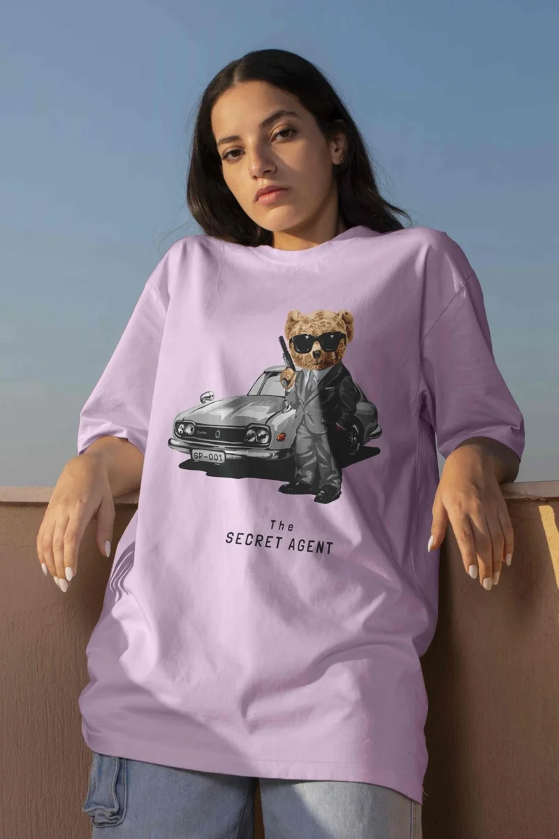 دوغ فش Teddy Printed Women's Oversize Pink T-Shirt