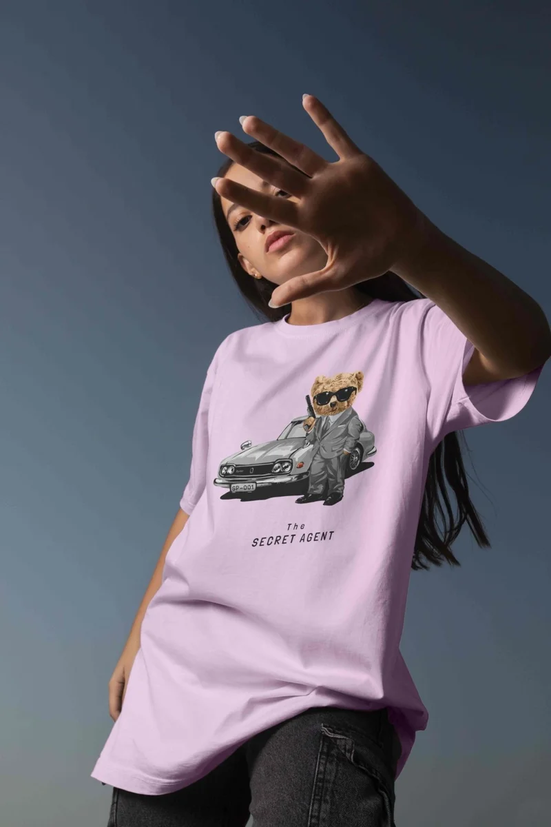 دوغ فش Teddy Printed Women's Oversize Pink T-Shirt