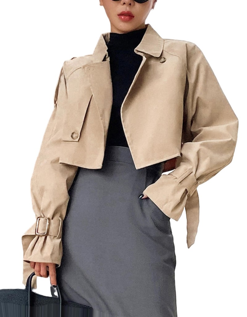 Kedera Women's Cropped Trench Coat Long Sleeve Casual Jacket Classic Double-Breasted Lapel Overcoat Fashion Outerwear - Image 1
