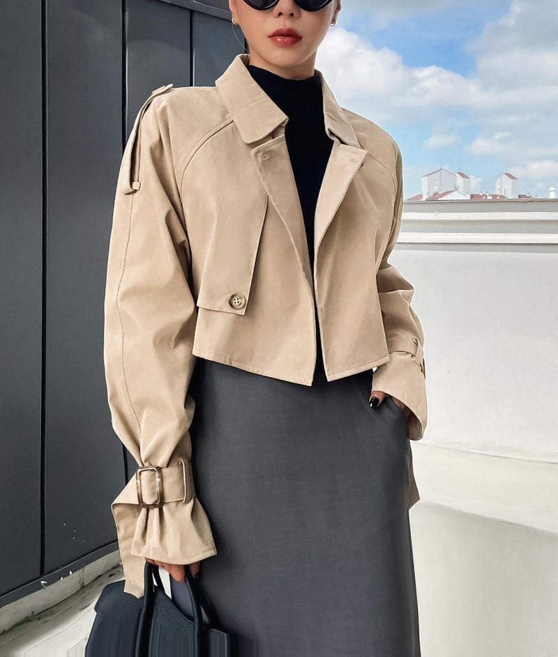 Kedera Women's Cropped Trench Coat Long Sleeve Casual Jacket Classic Double-Breasted Lapel Overcoat Fashion Outerwear - Image 3